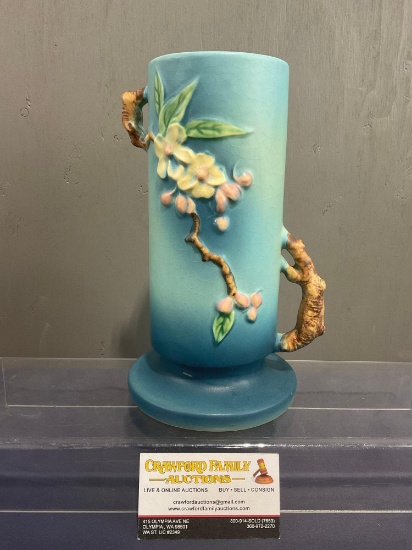 Early 20th Century Roseville Pottery Shape 387, Dogwood Pattern, 10 inch tall, Blue-Dark Blue Ombre
