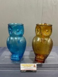 Pair of Kanawha style Owl Pitchers, Pressed Glass, Amber & Blue, 8.5 inches tall