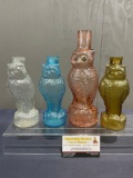4 Depression Glass Owl Decanters, 1 Cambridge Pink, Amber, Blue & Clear, Pressed Glass 8 & 10 inc...