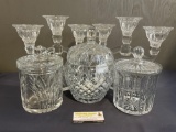5 pieces of Cut Glass & Crystal, 3 Polish Lidded Jars & pair of Shannon Crystal 3 part candelabras
