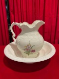 Vintage Off White Ceramic Pitcher w/ Flower & Wash Bowl. Very Good Condition. See pics.