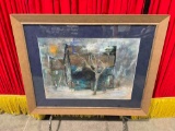 Framed Original Painting of a Blue House. Measures 42