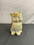 Vintage Puss n Boots Ceramic Cat Cookie Jar w/ nice handpainted design - See pics