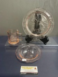 Three Depression Glass Pieces, Pressed Words & Designs of Childrens Tales, Divided Plate, Bowl & ...