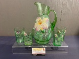 Handpainted Vaseline Pitcher & 4 Cups, Lily Pattern, pitcher is 11.5h x 6.5w x 5d inches