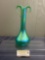 Muller Signed Art Glass Bud Vase, Iridescent Green, 2 Folded Handles, 12.5 inches tall