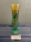 Signed Art Glass Vase, V-Shaped Yellow w/ Green Base & pair of Leaves, 10 inches tall