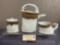 Signed Handmade Pottery Teapot, Sugar & Creamer Set, Folk style, White Glaze on Dark Brown