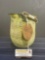 Signed Handmade & Painted Pottery Jar w/ Braided Jute Handle, Yellow/Green, 8 inches tall