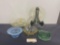 5 Depression Glass Pieces, 3 Yellow, Plate, footed cake plate & Bowl, 1 Pale Blue Bowl, 1 Green D...