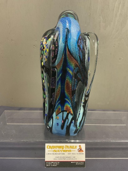Large Art Glass Piece, Rainbow Metallic patterns, clear overlay, approx 11.5 inches tall