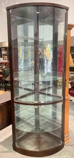 Modern Home Meridian Corner Curio Cabinet w/ Glass Front & Shelves. Tested, Works. See pics.