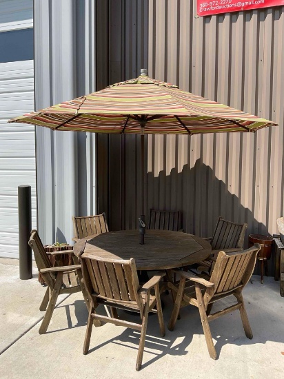 8 pcs Outdoor Patio Set w/ Treasure Garden Umbrella & Jensen Jarrah Teak Furniture. See pics.