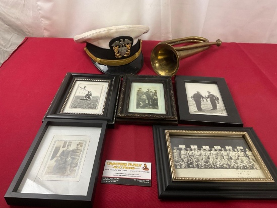 US Navy Cap, Bugle, and 5 Framed Small Navy Photos, 4 x 6 & 5 x 7 inches