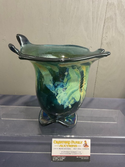 Signed Art Glass Vase, Stacy Hall, Iridescent finish on Blue Glass, 9 inches tall