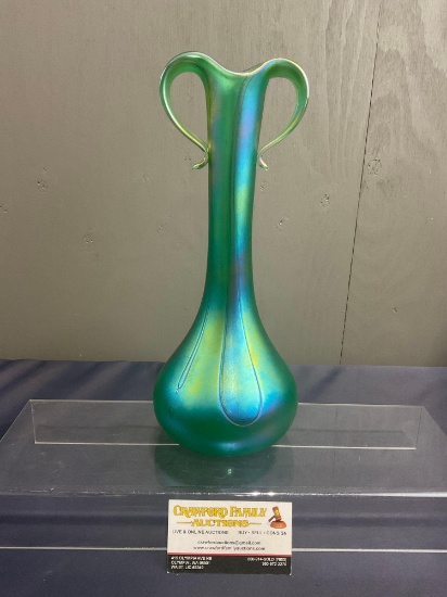 Muller Signed Art Glass Bud Vase, Iridescent Green, 2 Folded Handles, 12.5 inches tall