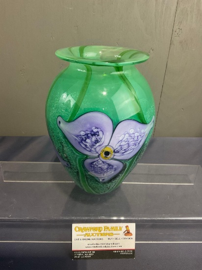 Signed Eickholt Art Glass Vase, Clear & Sparkle Green Glass w/ Purple Flowers, 9 inches tall