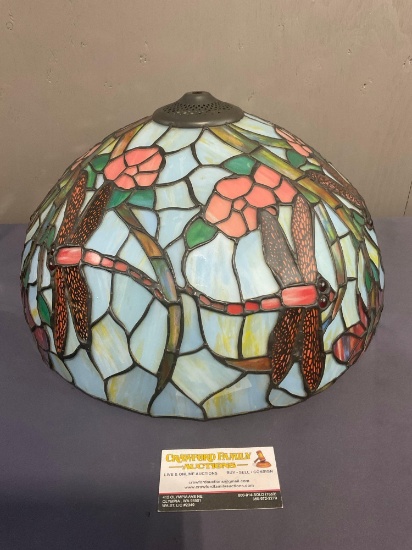 Faux Stained Glass Dragonfly Pattern Lamp Shade in the style of Tiffany, 9.5h x 16d inches