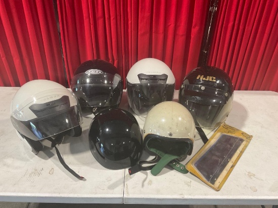 6 Motorcycle Helmets, HJC, GMax, 2 Fulmer, Romer & 1 more, some wear