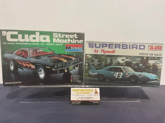 2 1/25 Scale Car Model Kits, Jo-Han Superbird by Plymouth Stock/Race & Monogram Cuda Street Machine