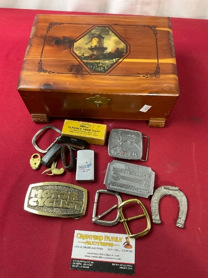 Jewelry Box w/ Belt Buckles, U.S.S. Enterprise Zippo Lighter, & more