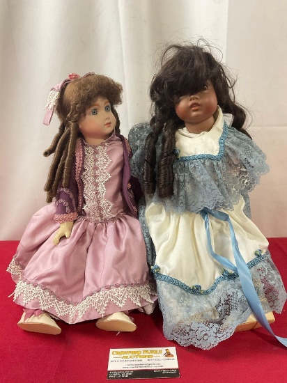 Pair of Vintage Vernon Sealey Porcelain Dolls, roughly 16-18 inches long, Blue & Purple Dresses