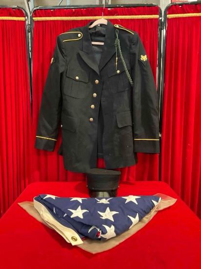 3 pcs Vintage Military Textiles. Lancaster Hat, Military Jacket & Folded American Flag. See pics.