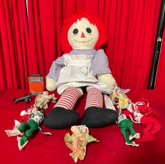 11 pcs Vintage Toys & Decor. Raggedy Ann Doll, 3x Resin Angel Figures & More! See pics.