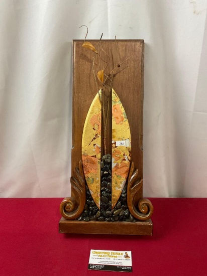Painted & Carved Wooden Wall Hanging w/ small stones design, 18h x 8.5w inches