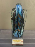 Large Art Glass Piece, Rainbow Metallic patterns, clear overlay, approx 11.5 inches tall