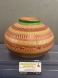 Signed Etched Terracotta Pottery, Glazed Ombre Native Pattern, signed Ey Dine, 6.5 inches tall