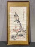 Vintage Framed Original Asian Watercolor of Hawk on Branch. Measures 23.5