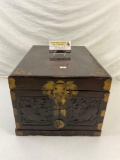 Antique 1800s Chinese Portable Folding Ornately Carved Wooden Vanity w/ Mirror & Brass Accents