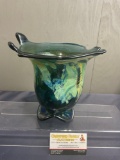 Signed Art Glass Vase, Stacy Hall, Iridescent finish on Blue Glass, 9 inches tall