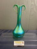 Muller Signed Art Glass Bud Vase, Iridescent Green, 2 Folded Handles, 12.5 inches tall