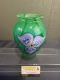 Signed Eickholt Art Glass Vase, Clear & Sparkle Green Glass w/ Purple Flowers, 9 inches tall