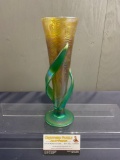Signed Art Glass Vase, V-Shaped Yellow w/ Green Base & pair of Leaves, 10 inches tall