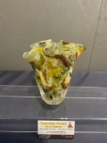 Multicolor Signed Peter Patterson Handmade Vase, Pressed design & frilled edge, 7 inches tall