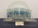 Set of 8 Vintage Marcrest Swiss Chalet Alpine 8 oz Glasses, w/ White Wire Caddy