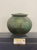 Raku Fired Lidded Vase, Dark Green, approx 7.5h x 8w x 8d inches