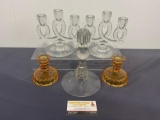 2 Fostoria Accents Candelabras, 2 Fenton Candle holders, & Tiffin-Franciscan Candle Holder