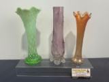 Set of Three 12 inch Vases, Fenton Marigold, Northwood Opalescent & Czech Art Glass Vase