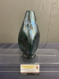 Signed Art Glass Bud Vase, Iridescent finish on Green Glass, 9.5 inches tall