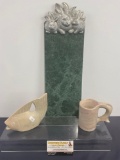 Carved Stone Fish & Giraffe Handled Mug, Green Marble Board, Arthur Court Bunny Cast Metal piece