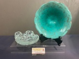 Pair of Art Glass Bowls, Gorgeous Blue On White w/ streaks of Metallic Gold & Clear w/ gold & White