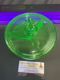 Vintage Fostoria 3 Part Divided Vaseline Glass Candy Dish w/ Lid, Fleur-de-lis Finial, 6h x 8d inch