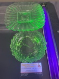 Pair of Vaseline Glass pieces, 8 inch starburst plate & Indiana Tiara Relish Bowl, 2 Pears design