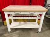 Modern Pine Wood Butcher Block Rolling Kitchen Island Cart w/ Drawer & Wine Rack. See pics.