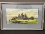 Framed Watercolor of the Kizhi Pogost Churches by Bezrukov, 19h x 29w inches