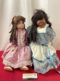 Pair of Vintage Vernon Sealey Porcelain Dolls, roughly 16-18 inches long, Blue & Purple Dresses